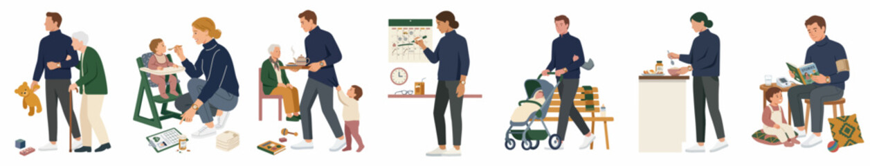Fototapeta premium Diverse Vector Illustrations of People Engaged in Family Care, Parenting, and Daily Routines Across Different Generations and Life Stages.