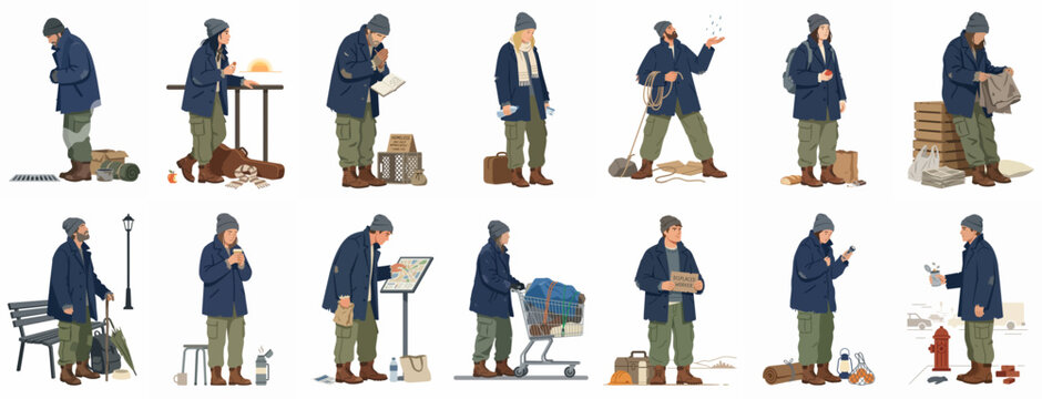 Illustration set of a homeless man in various daily life situations, depicting poverty, urban survival, and street life on a white background.