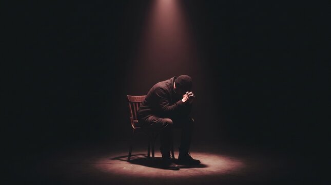 Melancholy man wearing a beanie hat sits dejectedly on a wooden chair while praying in deep shadows under a singular dramatic warm bright spotlight beam
