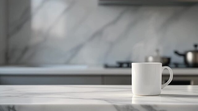 A steaming white coffee mug placed on a modern marble kitchen countertop with a blurred background for product mockups