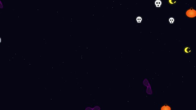 Cute cartoon Halloween elements floating on dark starry background including pumpkins ghosts skulls and moons in seamless looped abstract animated dynamic footage.