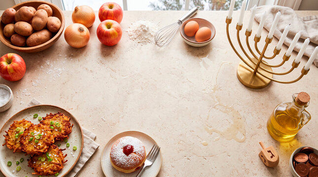 Overhead Hanukkah Food Preparation Flat Lay with Menorah and Large Copy Space