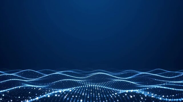 Tech dark blue background with glowing particle waves and subtle light