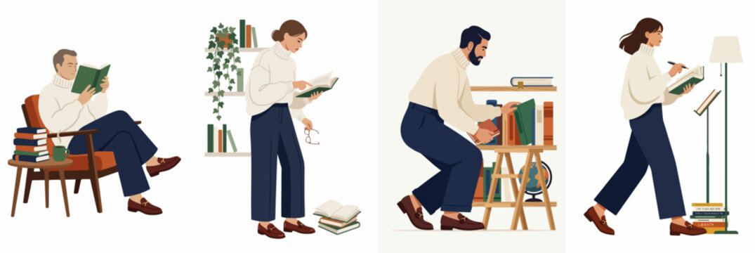 Set of illustrations depicting people reading, writing, and organizing books in a cozy and minimalist indoor environment.