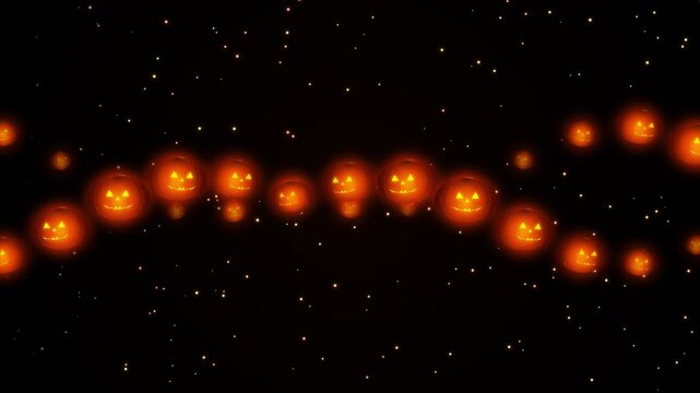 Animated halloween pumpkins form an abstract dna pattern with sparkling golden particles on a dark background creating a festive and spooky holiday atmosphere.