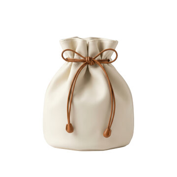 Elegant beige drawstring bucket bag with brown leather straps isolated on transparent background