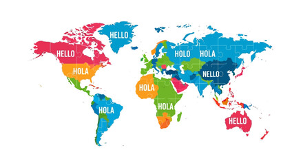Naklejka premium Colorful Jigsaw Puzzle World Map with Multilingual Greetings Hello and Hola, Global Communication and Unity Concept Illustration