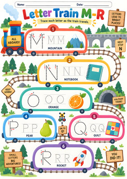 Letter Train M-R Uppercase Handwriting Tracing Worksheet