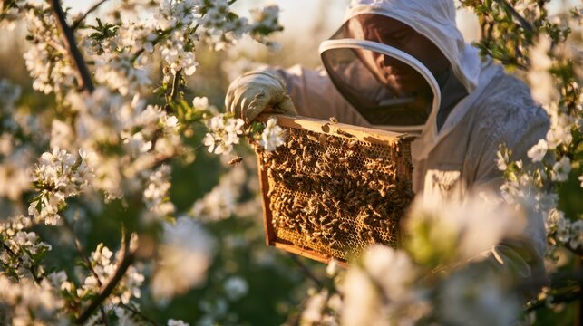 Beekeeper inspecting honeycomb frame full of bee colony while surrounded by blooming spring orchard trees in golden sunlight