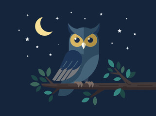 Obraz premium Cute Cartoon Owl Perched on a Tree Branch at Night.