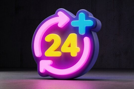 Neon sign with 24 numbers, circular arrows and blue plus symbol glows on dark background. Constant service availability symbol shines brightly.