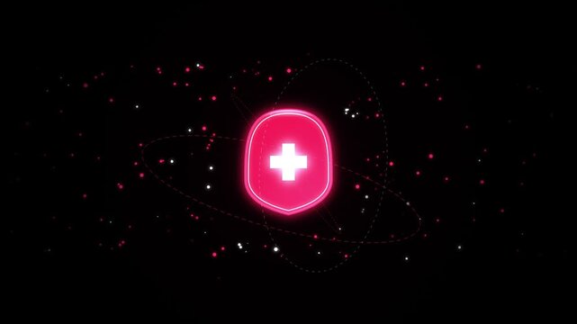 Medical health shield protection glowing icon with orbital circles and floating digital particles in dark futuristic space animation representing safety care.