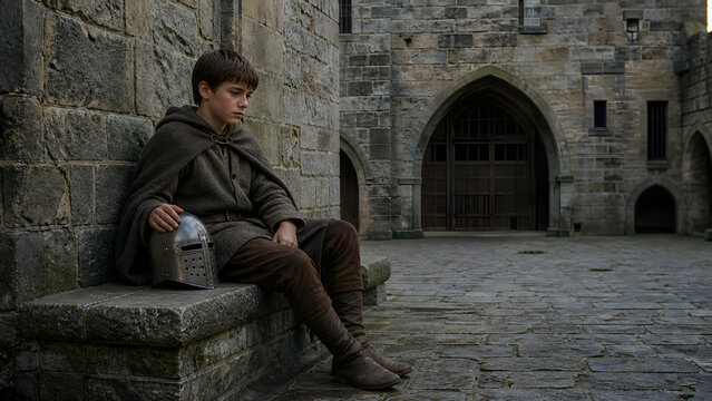 Young medieval squire resting with a helmet