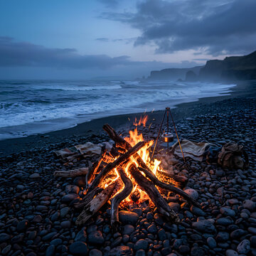 Campfire on rocky beach at dusk ocean waves crashing twilight sky camping gear