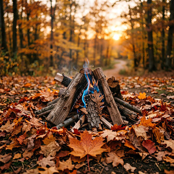 Autumn campfire in forest with fallen leaves and sunset