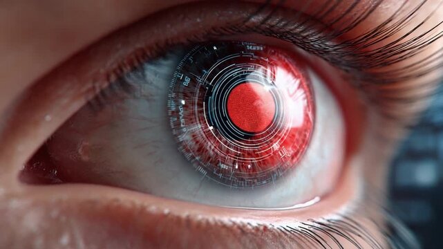 Cybernetic Eye: A close-up, extreme macro shot of a human eye with a glowing red cybernetic implant replacing the iris, suggesting a futuristic blend of biology and technology.