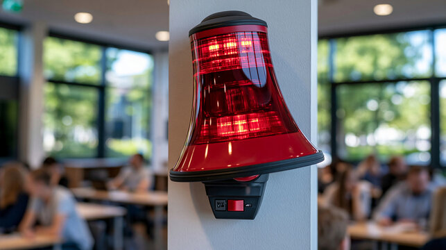 Detailed close up of a red LED emergency alarm siren illuminated on a clean bright classroom wall, modern school interior, safety and security equipment, natural daylight, emergency preparedness edu