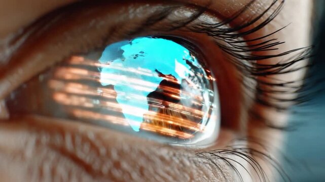 The World in My Eye: A close-up shot of a human eye, with the reflection of a glowing digital globe superimposed on the iris, symbolizing global connection and technological advancement.