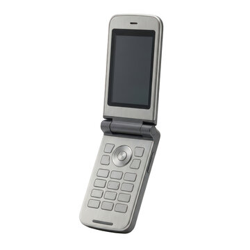 Modern silver flip phone isolated on transparent background
