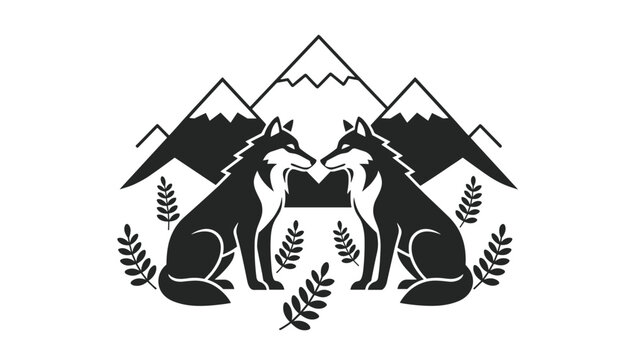 Symmetry graphic design of two wild wolves facing each other with snowy mountain peaks in the background.