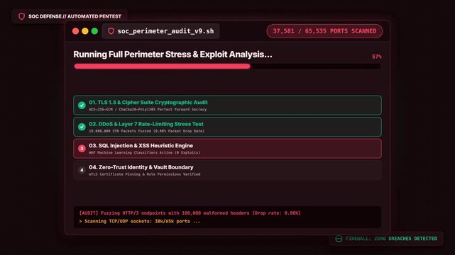 Cybersecurity interface animation showing an automated network penetration test with a successful grade result.
