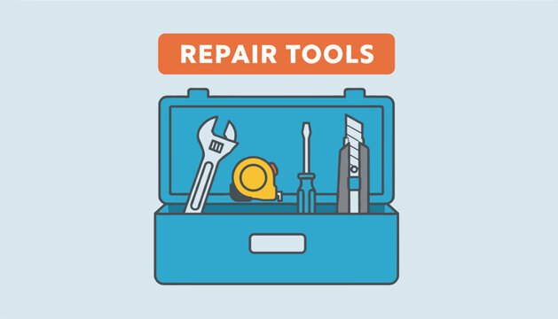 Blue toolbox filled with repair tools including a wrench, screwdriver, utility knife, and tape measure under an orange banner.