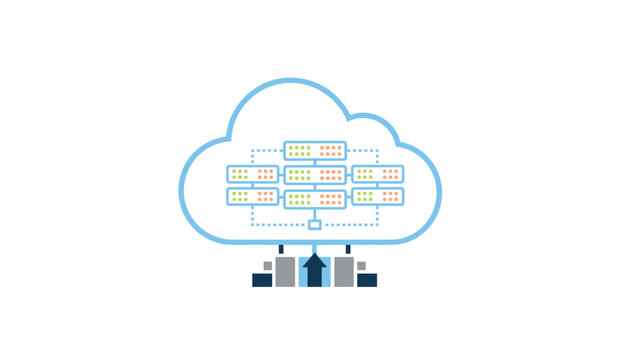 Cloud computing network diagram showing database server connection servers inside a blue cloud outline over server rack icons.
