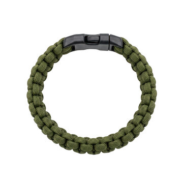 Green paracord survival bracelet with black plastic buckle isolated on transparent background