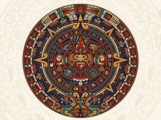 Obraz premium Intricate Aztec Sun Stone Calendar with Colorful Mosaic Pattern and Ancient Symbols.