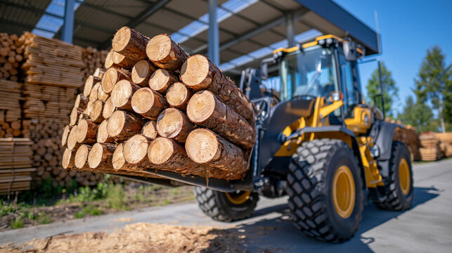 Specialized timber handling loader raising a heavy bundle of cylindrical logs beside organized stacks of wood products in a bright warehouse, fine sawdust visible on the concrete floor, realistic hy