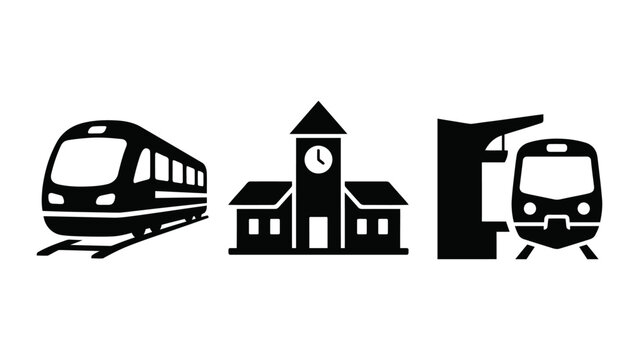 Trains stations including side view train, station building, front view train at platform