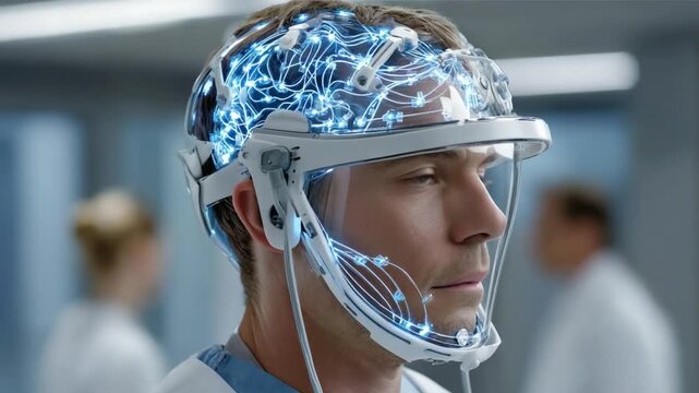 Futuristic Brain Interface: A man wears a high-tech headset with glowing blue connections symbolizing brain activity, hinting at advanced neuroscience and human augmentation.