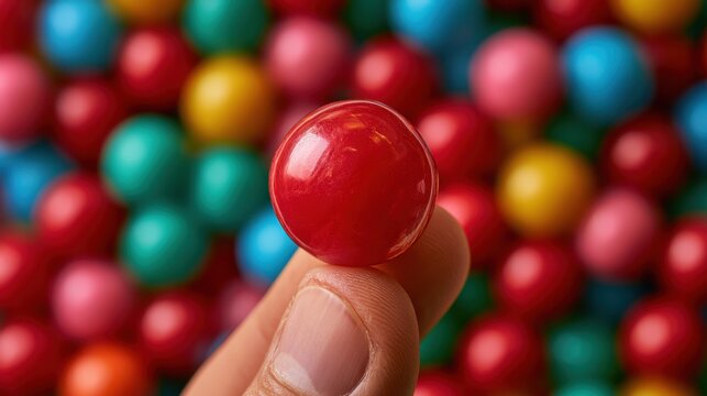 Close-up of hand holding shiny red round candy with colorful blurred candy background in soft focus