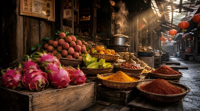 Empty Asian Traditional Market Stall with Spices and Fruits in Golden Morning Light