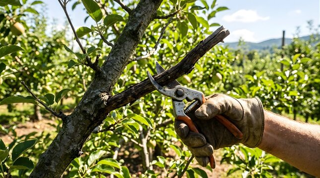 Person pruning an apple tree branch with shears in a sunny orchard
