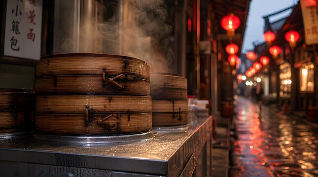 Steaming Bamboo Dim Sum Baskets at Asian Night Market Background