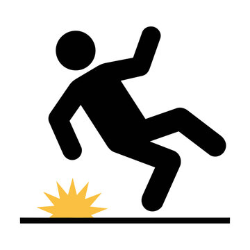 Minimalist black icon of a person falling backwards on a white background with a yellow impact starburst, occupational safety and health hazard concept