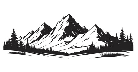 Fototapeta premium A black silhouette of a mountain range with pine trees in the foreground on white base landscape des