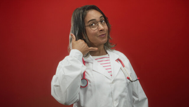 Middle age hispanic woman doctor wearing white coat and stethoscope makes phone hand gesture in studio; friendly telehealth reassurance.