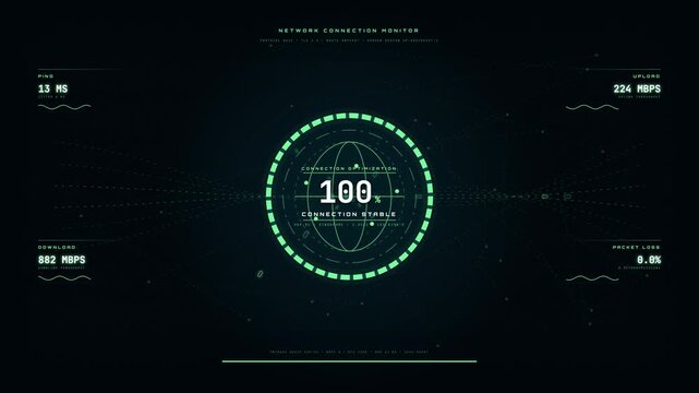 Futuristic network connection monitor dashboard showing internet speed test and data optimization metrics.