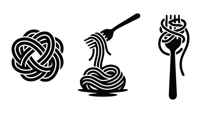Featuring spaghetti pasta, including tangled knot noodles, fork lifting pasta, fork wrapped in spaghetti