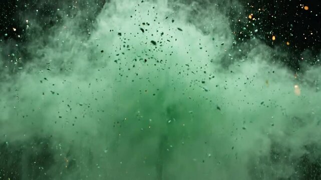 Vibrant green powder explosion with flying particles on black background, slow motion abstract burst for dynamic motion and special effects