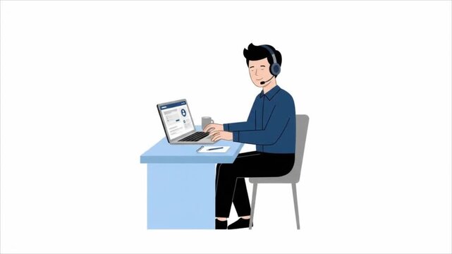 Customer support agent working on laptop with headset in flat vector illustration style.