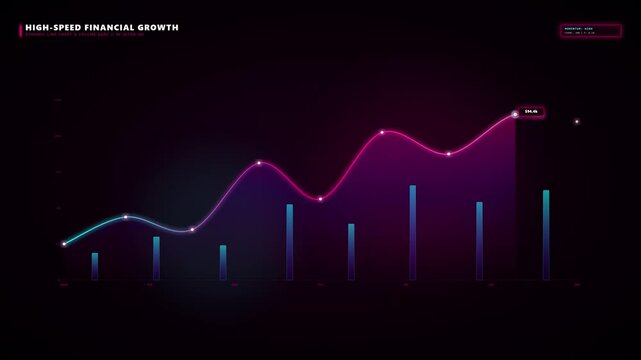 Futuristic neon line graph and bar chart showing rapid financial growth and data analysis on a dark high-tech background for business and stock market concepts.