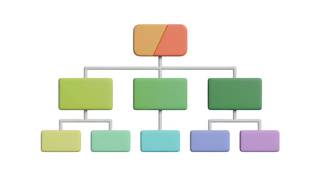 Blank organizational chart diagram with colorful rectangular boxes isolated on transparent background