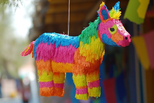 Close-up of rainbow-striped horse pinata with fringed texture hanging against blurred background