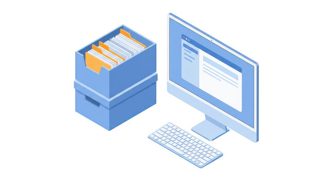Isometric illustration of a computer workstation with a stack of document file folders on a desk isolated on transparent background