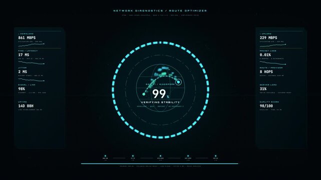 Futuristic network diagnostics dashboard showing connection optimization and data performance metrics.