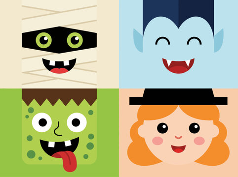 Cute Halloween Character Face Set - Flat Vector Illustration
