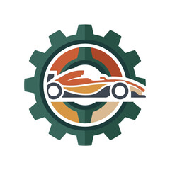 Fototapeta premium Formula 1 Racing Car Silhouette Inside a Green Gear Cogwheel Logo, Motor Sports Engineering Concept